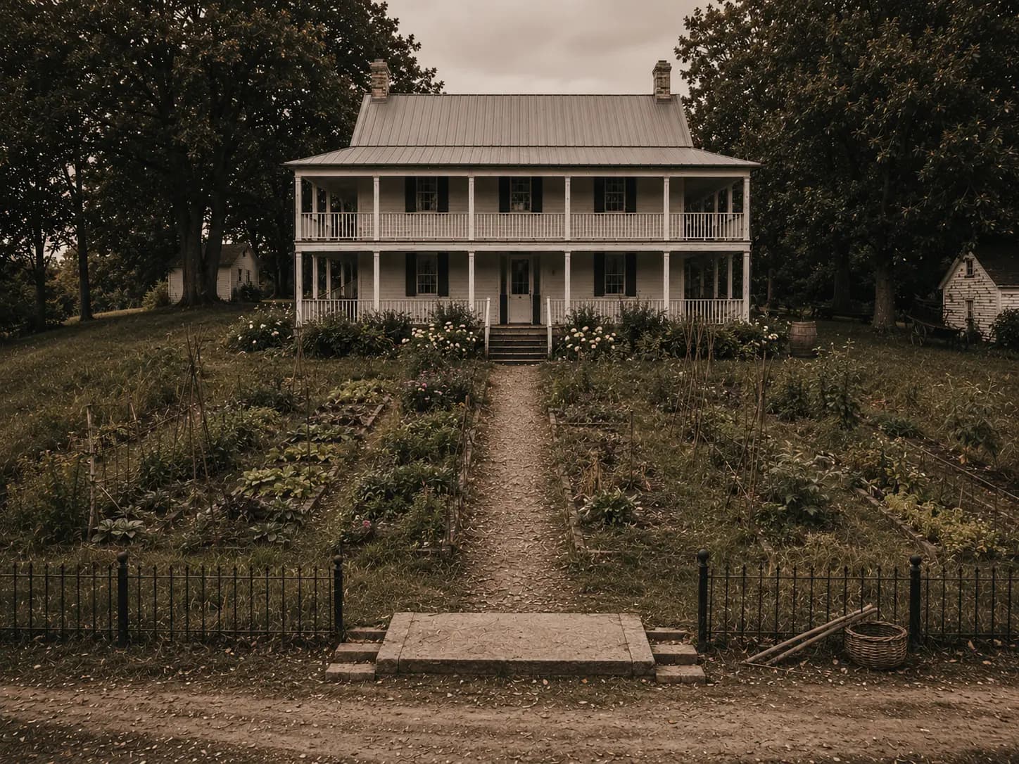 AI-assisted reconstruction of Pleasant Hill, the original Rixey Manor farmhouse, before its Classical Revival columned front was added for the 1928 wedding.