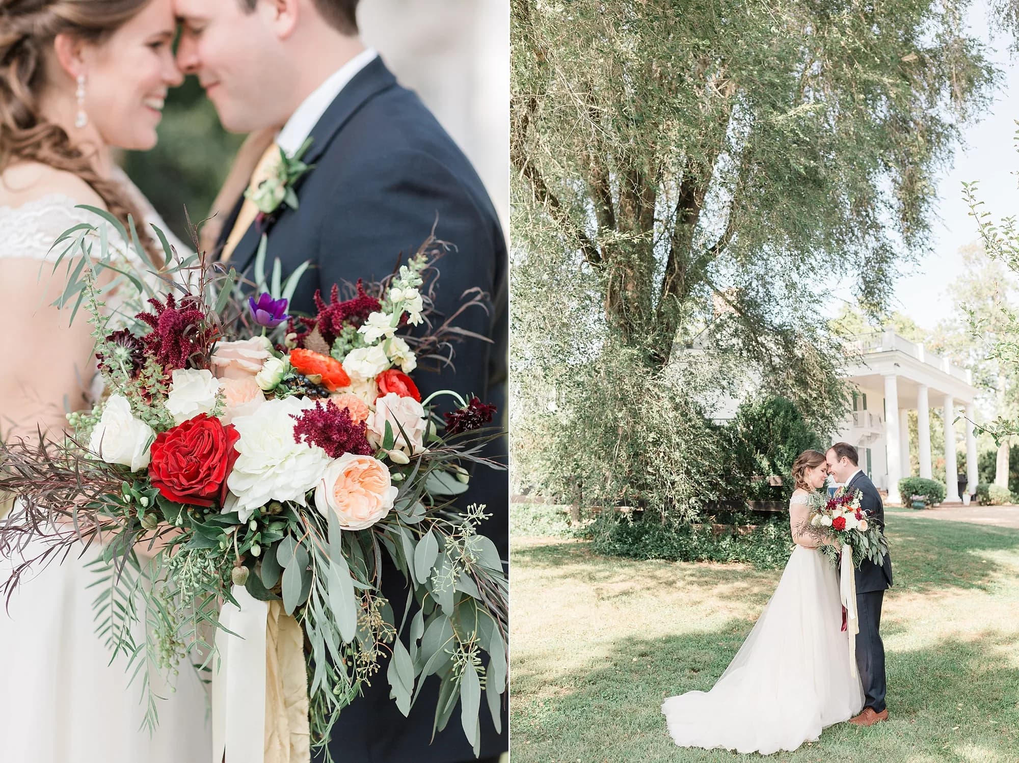 Bride and groom share a kiss beneath a sweeping willow tree on the sunlit grounds of Rixey Manor