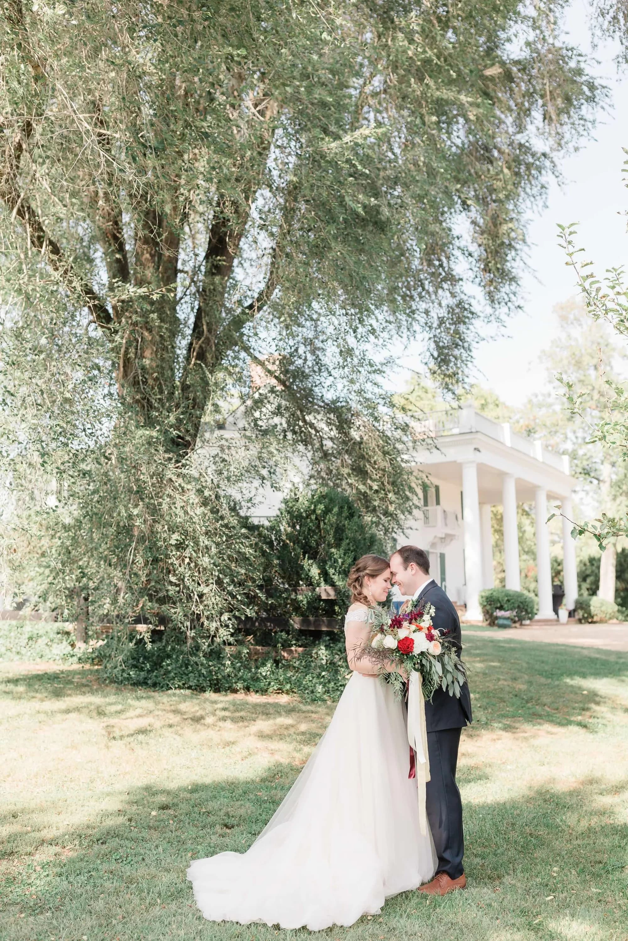 Bride and groom touch foreheads beneath a sweeping willow tree on Rixey Manor's sunlit grounds