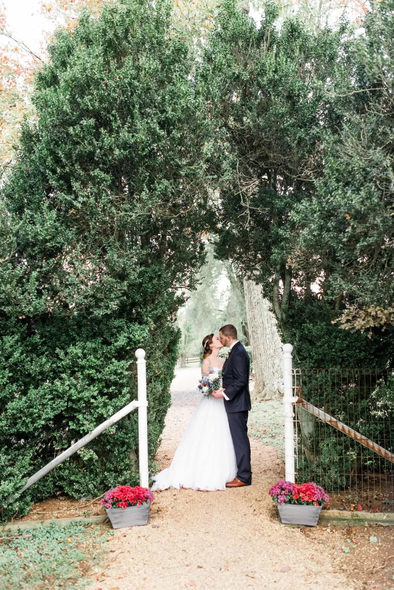 Bride and groom share a kiss beneath a lush tree archway at Rixey Manor estate grounds