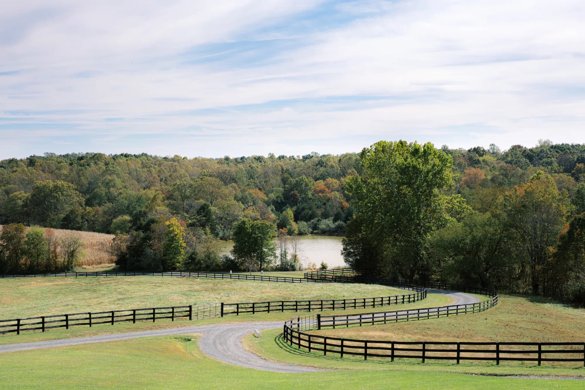 Sweeping aerial view of Rixey Manor's fenced pastures, winding drive, and pond surrounded by autumn trees