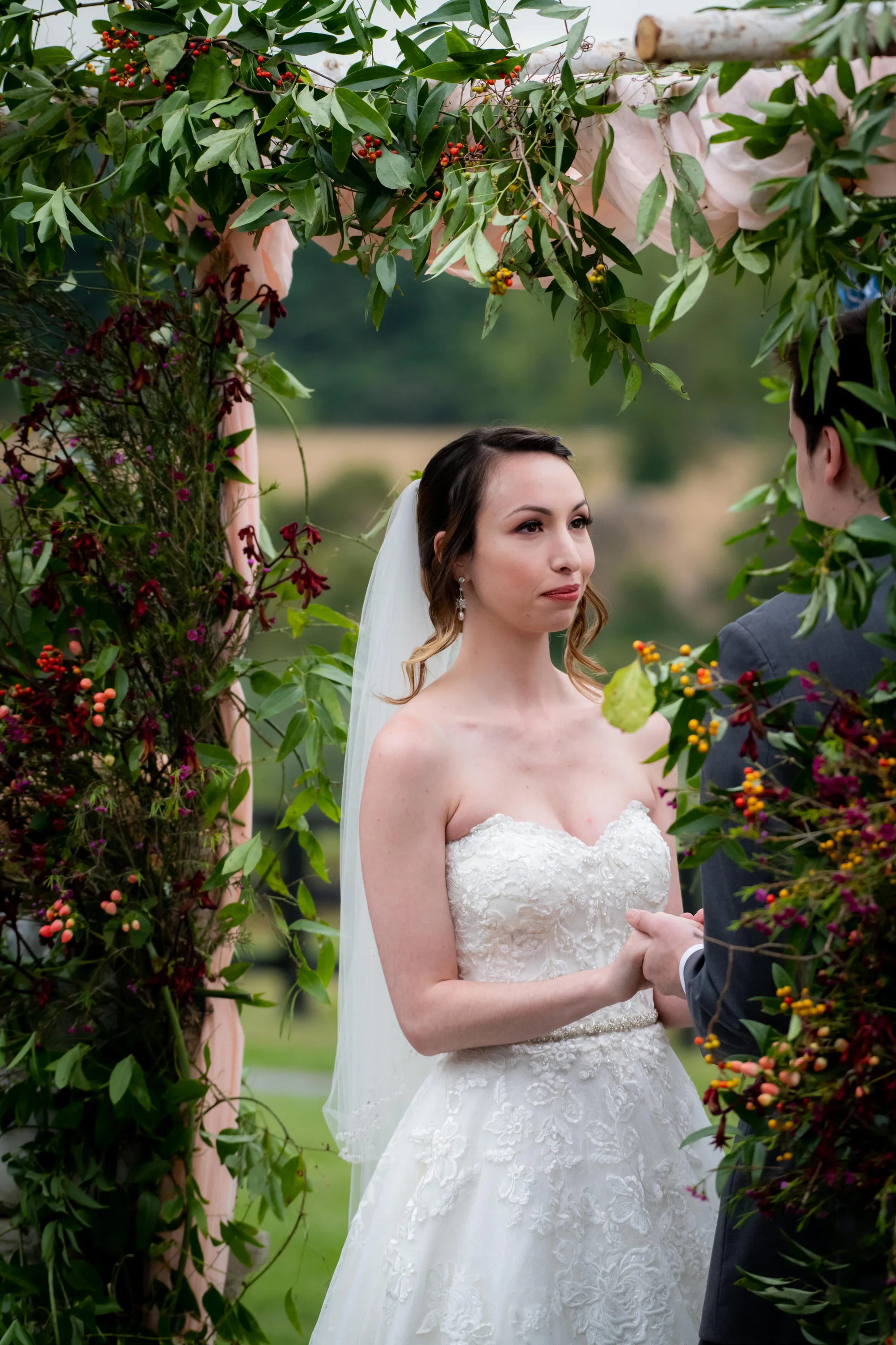 Bride in lace gown under floral arch at Rixey Manor outdoor ceremony, Virginia countryside in background