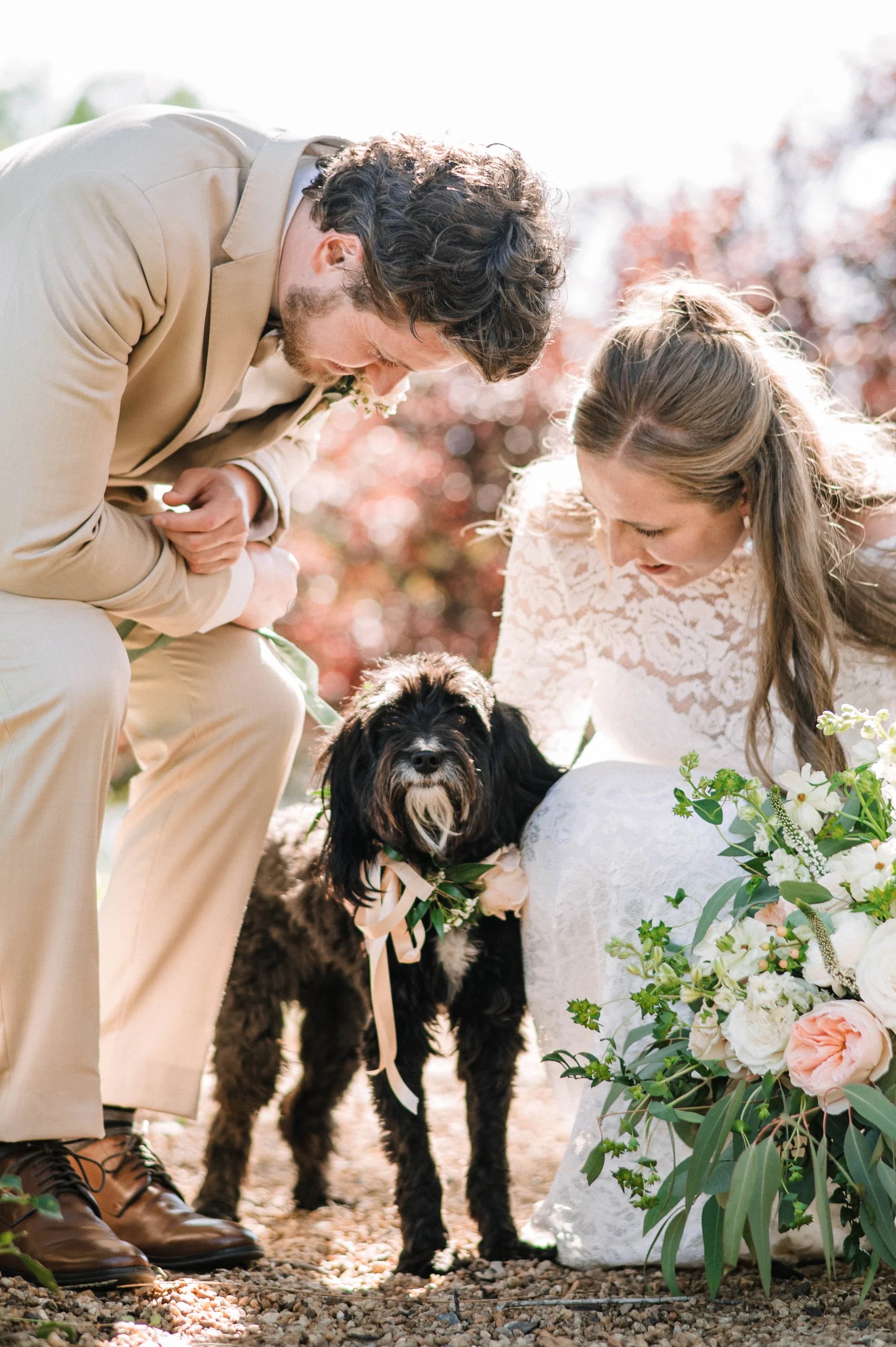 Bride and groom pose with black dog during wedding portraits at outdoor venue