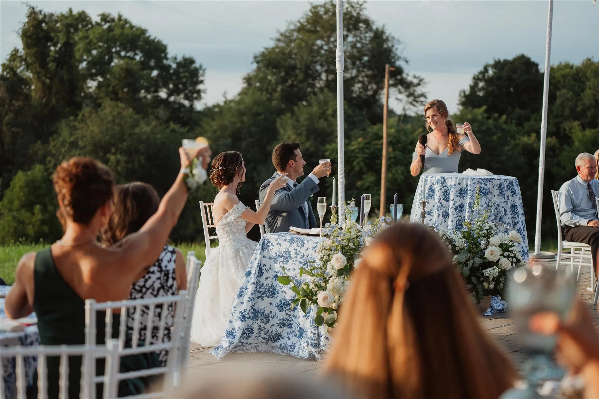 Bridesmaid gives toast as couple raises glasses at outdoor Rixey Manor reception with lush Virginia greenery behind