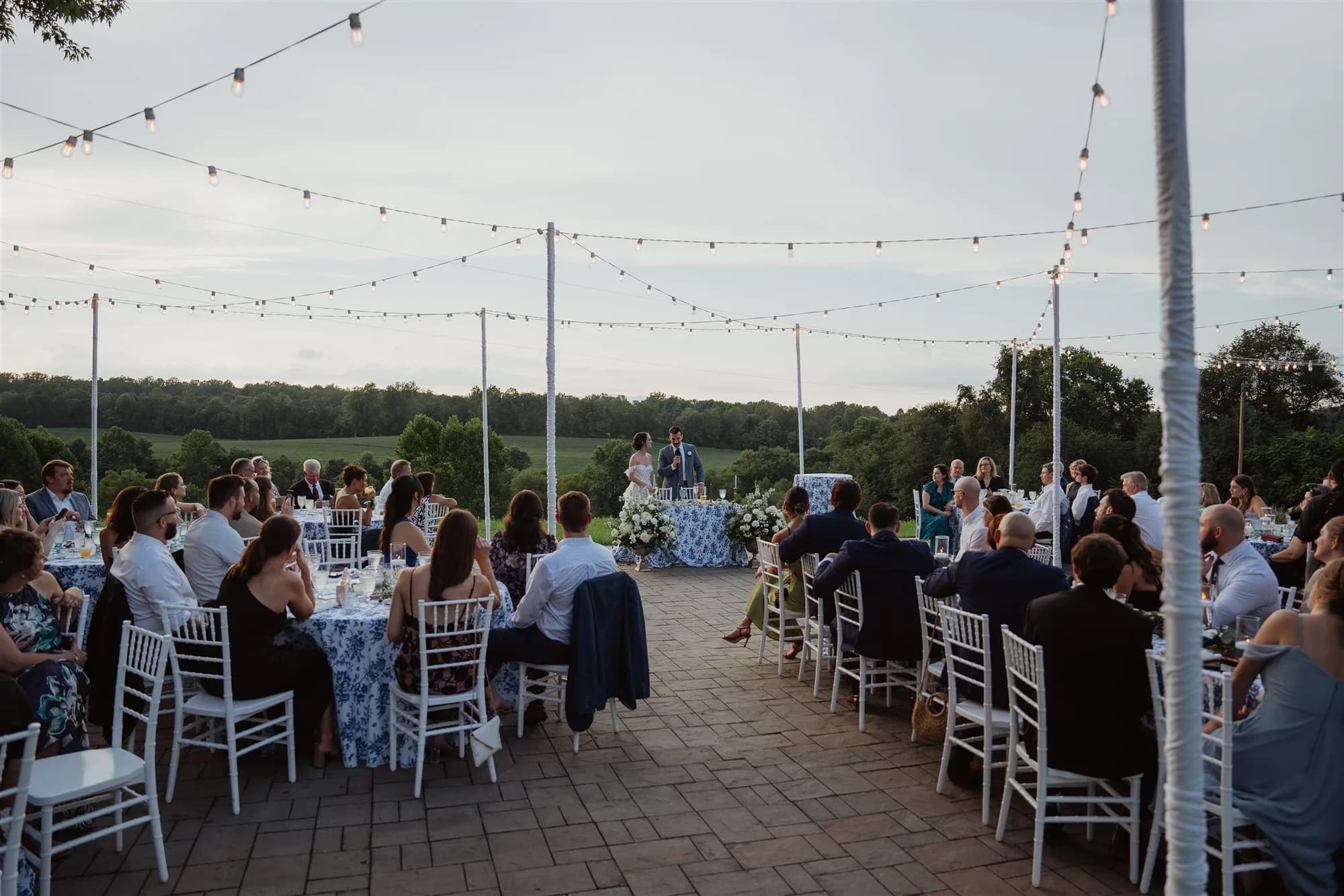 Couple speaks to guests at outdoor reception under string lights on Rixey Manor's open-air terrace at dusk