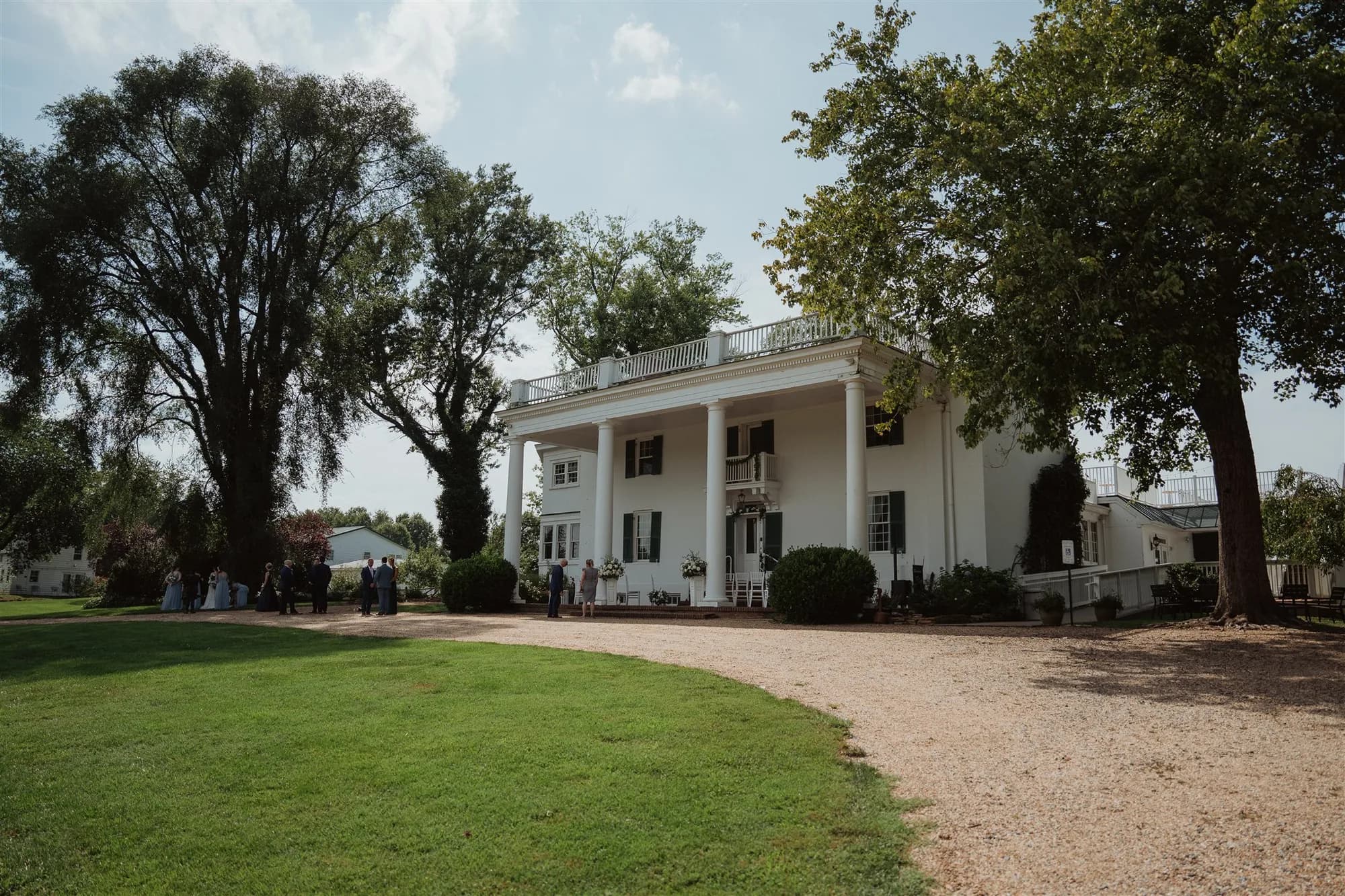 Wide view of Rixey Manor's white columned estate with guests gathering on the gravel drive amid mature trees