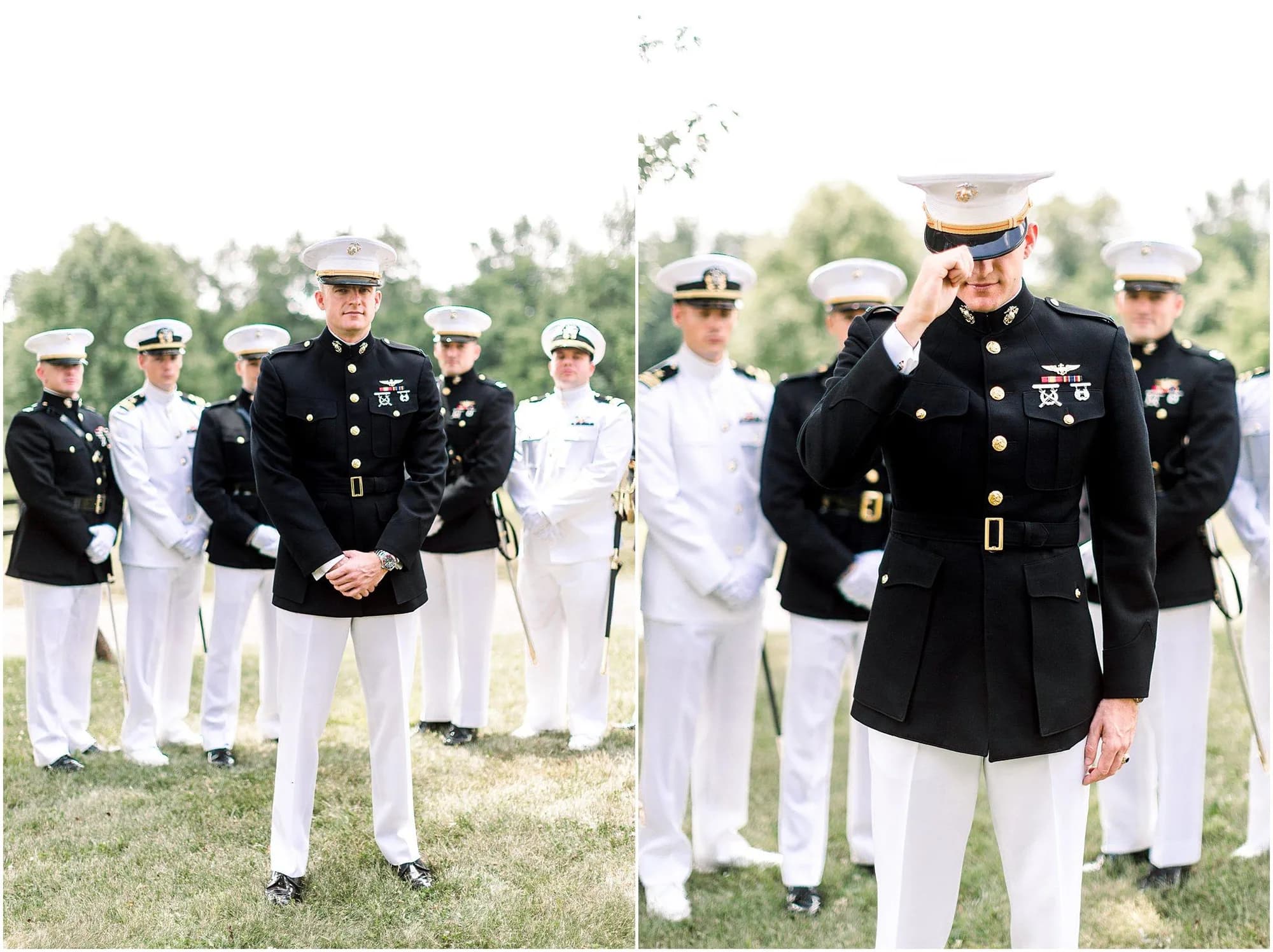 Military couple in dress blues share emotional first look outdoors, groom wiping tears, wedding party in background