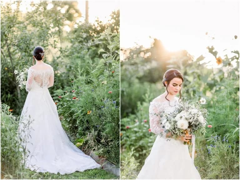 Bride in white lace gown with bouquet in garden setting at sunset, two portrait angles