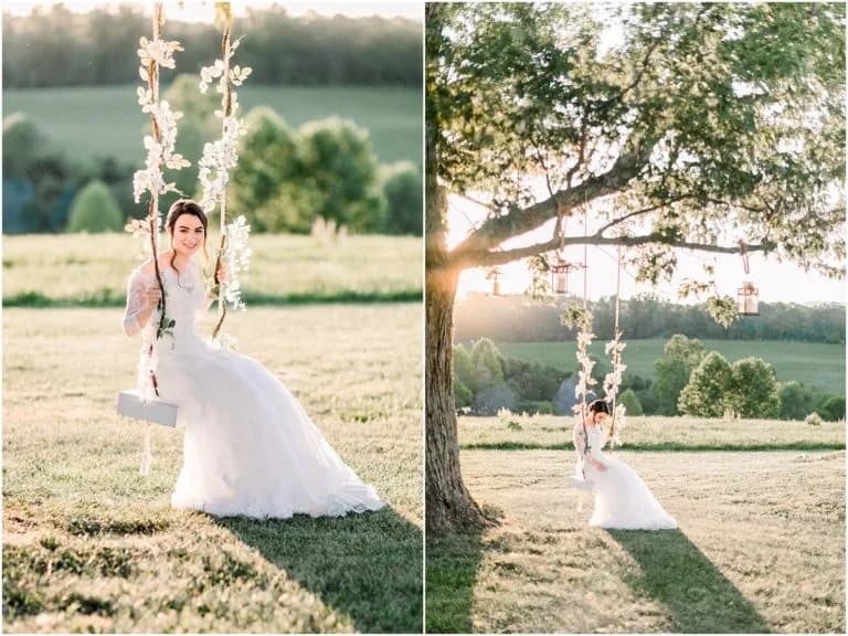 Bride in white gown on a floral swing at golden hour on the rolling Virginia countryside grounds