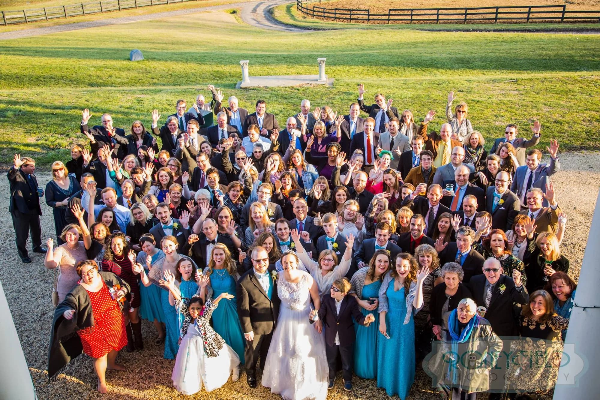 Aerial group shot of wedding guests waving at Rixey Manor, bride and groom centered among 100+ celebrating guests