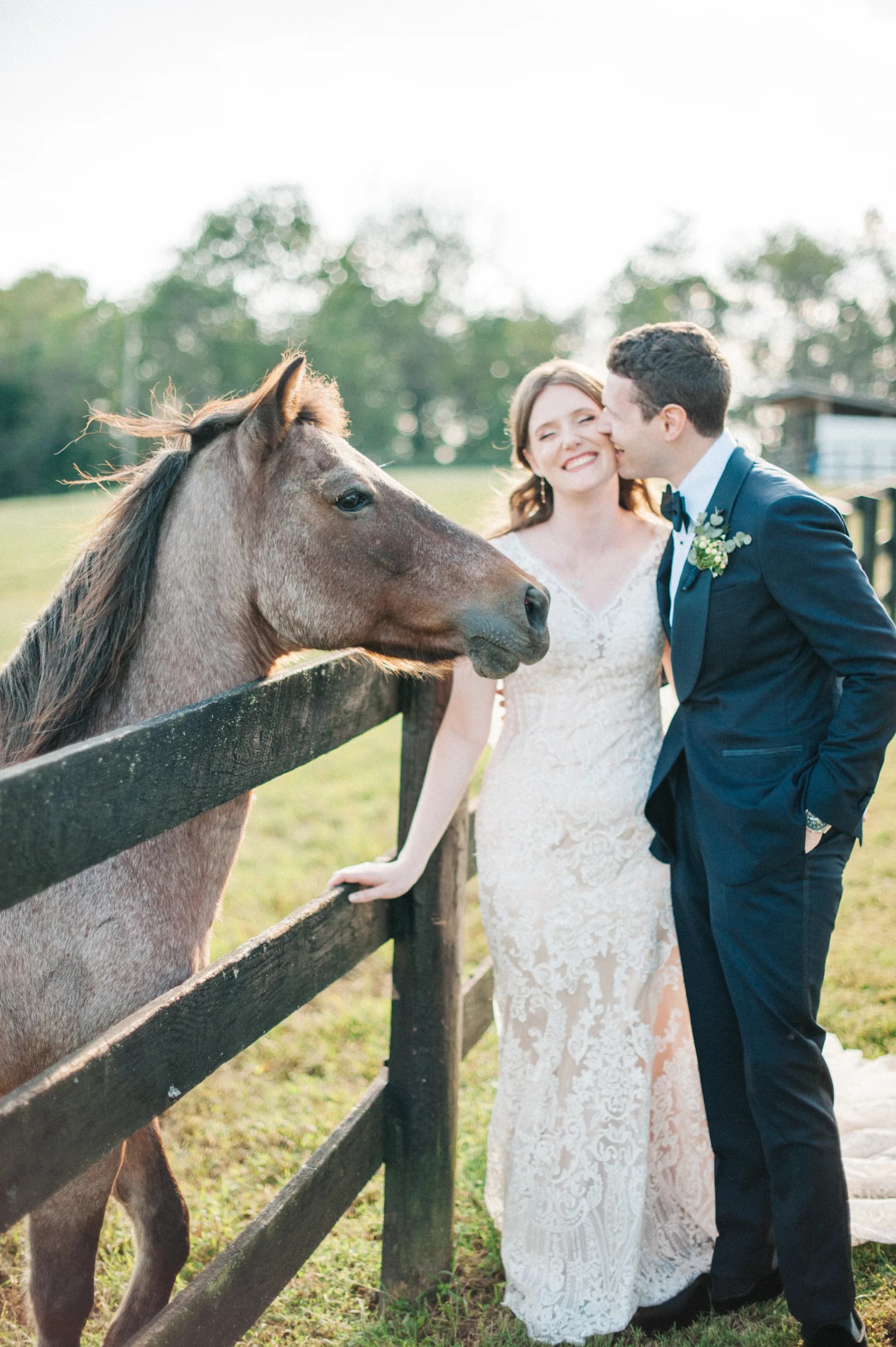 Bride and groom share a tender moment by a fence with a horse on the sunlit Rixey Manor grounds