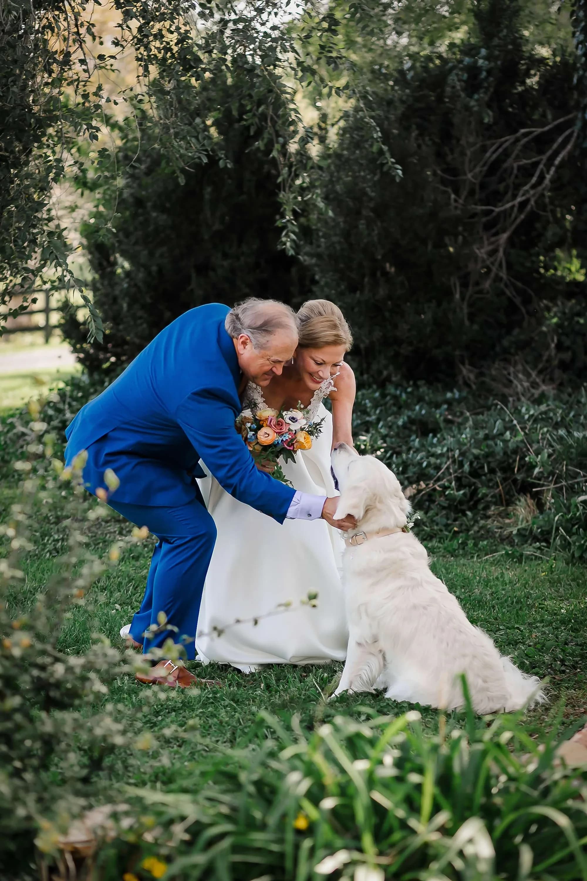 Bride and groom in blue suit laugh while petting their white dog in lush garden grounds