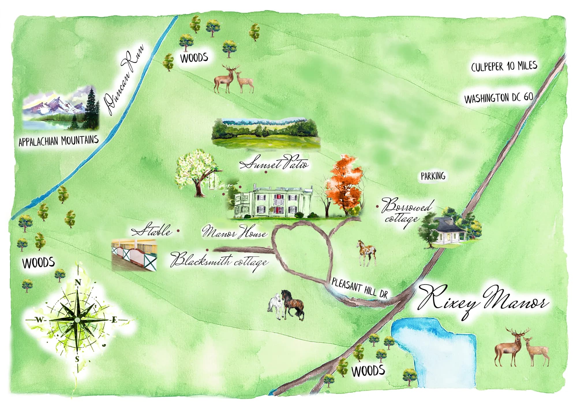 Illustrated watercolor map of Rixey Manor estate showing Manor House, cottages, stables, and grounds in rural Virginia